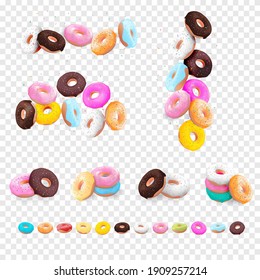 Big Collection Set von realistischen 3D-süßen Donuts mit verschiedenen Farben, einzeln auf transparentem Hintergrund. Vektorgrafik