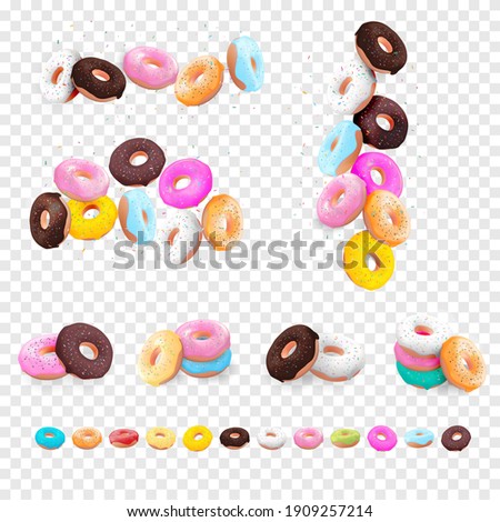 Big Collection Set of Realistic 3d sweet tasty donuts with different colour icing isolated on transparent background. Vector illustration