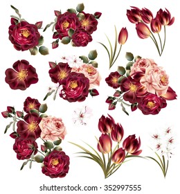 Big collection or set of realistic vector flowers for design