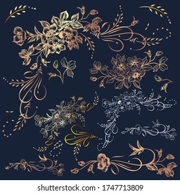 Big collection, set of vector golden flourishes and flowers in vintage elegant style