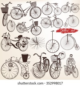 Big collection or set of vector hand drawn bicycles for design