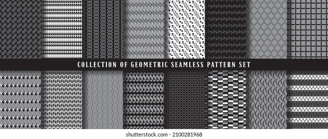 Big collection, set of vector seamless geometric pattern background. In black, grey and white colors. Abstract endless repeating texture for mask, duvet cover, t-shirt, phone case, wallpaper, carpet..