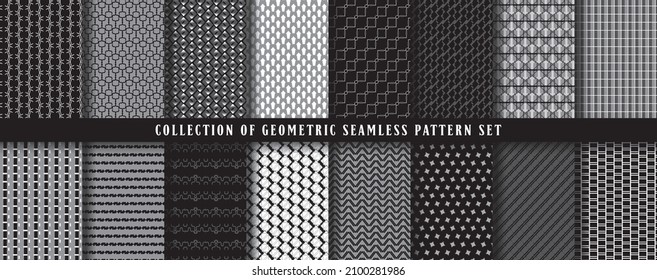 Big collection, set of vector seamless geometric pattern background. In black, grey and white colors. Abstract endless repeating texture for mask, duvet cover, t-shirt, phone case, wallpaper, carpet..