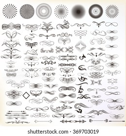 Big collection or set of vintage styled flourishes and sunburst for design