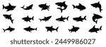 Big collection of shark silhouette. Hand drawn vector art.
