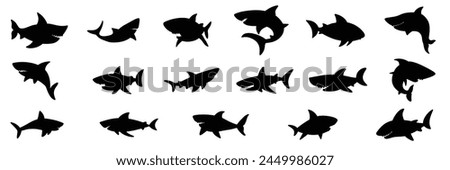 Big collection of shark silhouette. Hand drawn vector art.