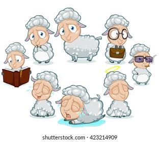 Big collection of sheep character with different emotions and poses isolated on the white background