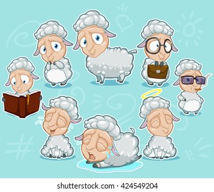 Big collection of sheep character with different emotions and poses on the blue background