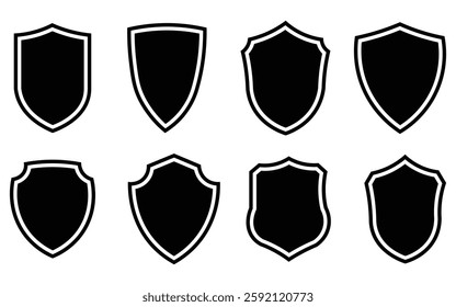 big collection of shield icon set on white background. protection, security, emblem, crest, heraldic, safety, medieval, secure icon on white background