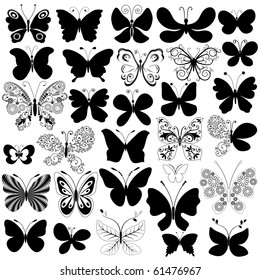 Big collection silhouette black butterflies for design isolated on white (vector)