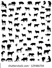 Big collection of silhouettes of animals of a farm