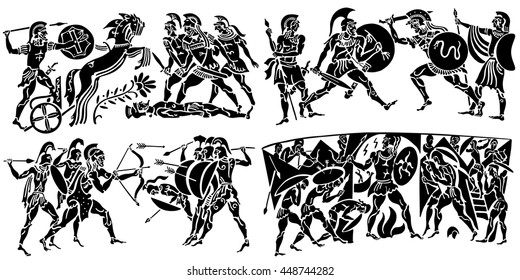 Big collection of silhouettes of Greeks on a white background. Episodes from the epic scenes of battle, conquest, military events.