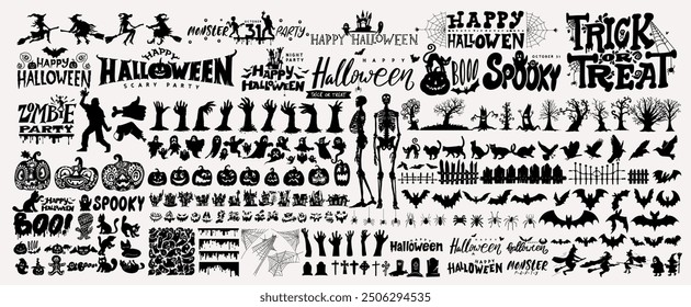 Big collection of silhouettes of Halloween. Horror set of Halloween sticker sketch set. Hand drawn doodle. Set of halloween and magic elements. Vector element Logo, Pumpkins, ghosts, skull, black cats