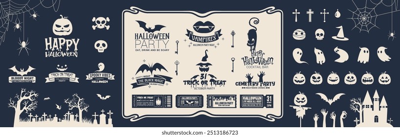 Big collection of silhouettes of Halloween. Horror set of Halloween Logos elements. Hand drawn doodle. Set of halloween and magic elements. Vector element Logo, Pumpkins, ghosts, skull, black cats