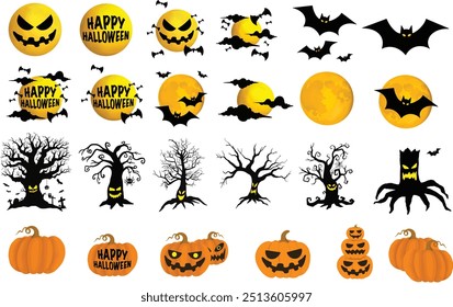 Gran colección de siluetas de Halloween. Conjunto de horror de croquis de calcomanías de Halloween. Doodle dibujado a mano. Conjunto de Elementos mágicos y de halloween. Logo de elemento de Vector, Calabazas, fantasmas, cráneo, gatos negros