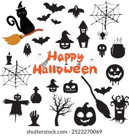 Big collection of silhouettes of Halloween. Horror set of Halloween sticker sketch set. Hand drawn doodle. Set of halloween and magic elements. Vector element Logo, Pumpkins, ghosts, skull, black cats