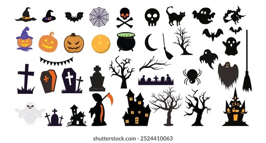 Big collection of silhouettes of Halloween. Horror set of Halloween sticker sketch set. Hand drawn doodle. Set of halloween and magic elements. Vector element Logo, Pumpkins, ghosts, skull, black cats