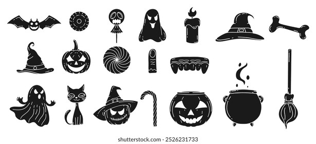 Big collection of silhouettes of Halloween, isolated on white background