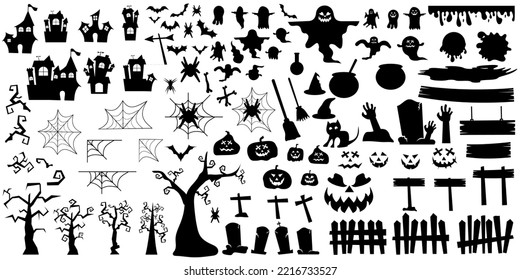 Big collection of silhouettes of Halloween on a white background. Set of halloween silhouettes icon and character. Vector illustration spooky for celebration, holiday and decoration.