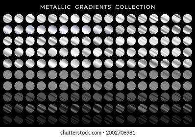 Big collection of silver and black metallic gradients. Silver texture gradation background set. Vector metal gradients.