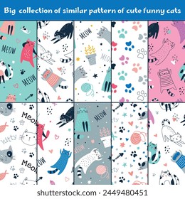 Big collection of similar pattern of cute funny cats isolated sitting, laying, hiding in box. Flat cartoon style. Vector illustration. For packaging paper, textile
