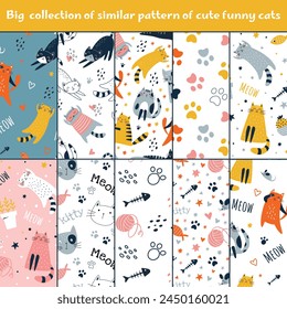Big collection of similar pattern of cute funny cats isolated sitting, laying, hiding in box. Flat cartoon style. Vector illustration. For packaging paper, textile white background