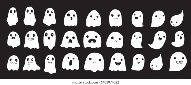 Большая коллекция простых плоских привидений. Хэллоуин страшные призрачные монстры. Симпатичный мультяшный жуткий персонаж. 