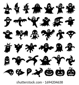 Big collection of simple flat ghosts. Halloween scary ghostly monsters. Cute cartoon spooky character. Vector illustration.