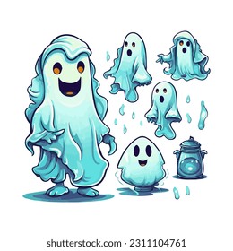 Big collection of simple flat ghosts. Halloween scary ghostly monsters. Cute cartoon spooky character.