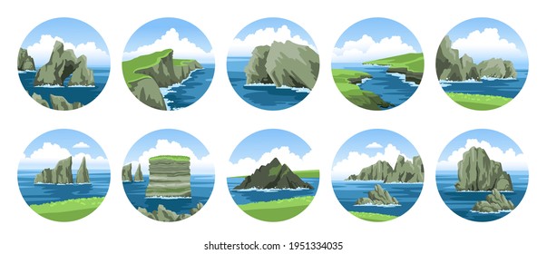 Big collection of simple hand-drawn vector illustrations with sea and rocks, cliffs, stones, coasts, sea capes. Ocean and sea nature landscape with fluffy clouds. Scenic view. 