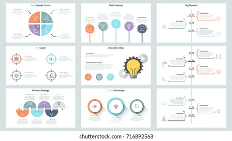 Big collection of simple infographic banner templates with timelines, pie chart, colorful separate elements and thin line symbols. Modern vector illustration for presentation, brochure, report.