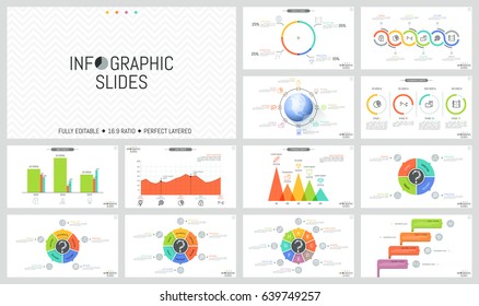 Big collection of simple infographic design layouts. Colorful bar charts, round diagrams with sectors, arrows and percentage indication.