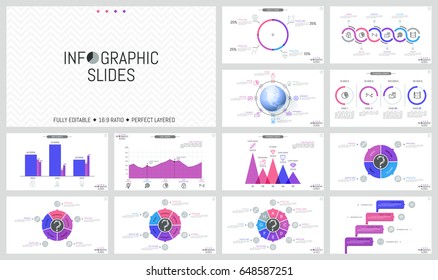 Big collection of simple infographic design layouts. Colorful bar charts, round diagrams with sectors, arrows and percentage indication. Vector illustration for presentation, report, banner, website.