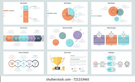 Big Collection Of Simple Infographic Design Templates With Workflow Diagrams, Pie Charts And Colorful Elements. Statistical Data Visualization. Vector Illustration For Presentation, Brochure, Report.