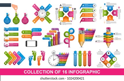Big Collection of sixteen infographics. Design elements. Infographics for business presentations or information banner.