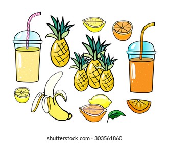  big collection smoothie / juice vector with pineapple, lemon, banana, orange