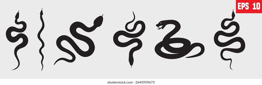 A big collection of Snake silhouette set. Isolated snake silhouette on white background