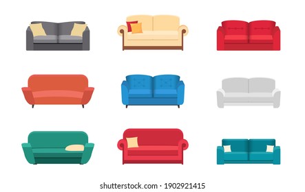 Sofabikonen der Big Collection. Stellen Sie verschiedene Sofas für den Innenbereich des Hauses bereit. Das Sofa ist weiß, blau, rot und beige. Vektorgrafik im Flachstil.