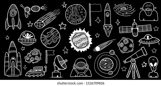 Big collection of space elements. Astronomy doodles. Hand drawn sketch. Vector illustration.