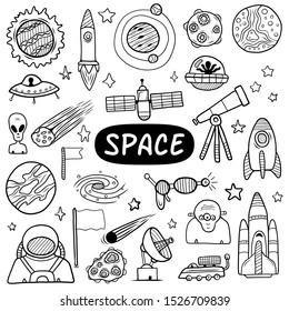 Big collection of space elements. Astronomy doodles. Hand drawn sketch. Vector illustration.