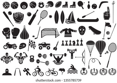 Big collection of sport icons (baseball glove, boxing, bicycle, American football helmet, surfboard, trophy cup, soccer, golf club, badminton shuttlecock, hockey, bowling pin, volleyball)
