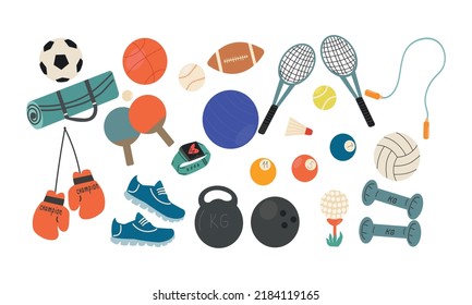 Big collection of sport items. Vector illustration. Cartoon style.