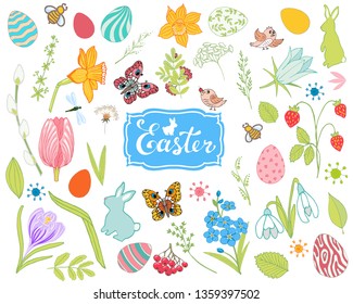 Big collection of spring flowers, easter eggs, rabbits. Set of spring and Easter elements, flowers, animals and insects.