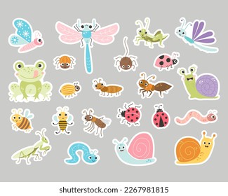 Big collection of stickers of cute insects. Funny decorative characters of snail, beetle, dragonfly and butterfly, bee and ant, spider and grasshopper. Vector illustration. isolated element for design