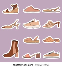 Big collection stickers with different types of modern trendy women shoes. Fashionable and stylish shoes concept. Colored flat vector illustration 