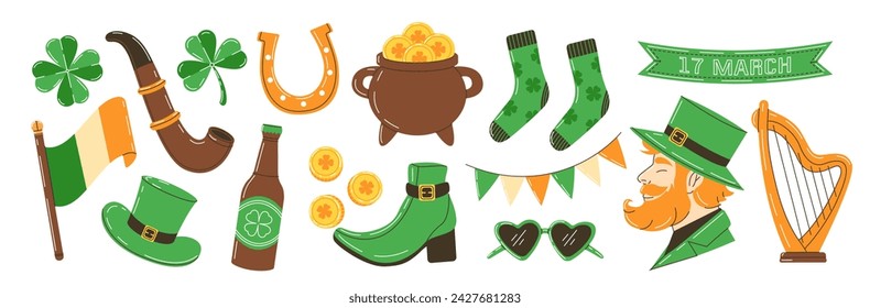 Big collection for St.Patrick's day in green colors. Irish symbols set
