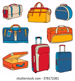 Big collection of suitcases, icons set vector. Background with colorful objects. Set of bags for travel