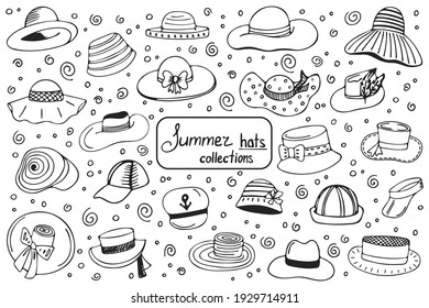 Big collection of summer hats. Hand drawn hats for summer isolated on white background. Vector illustration