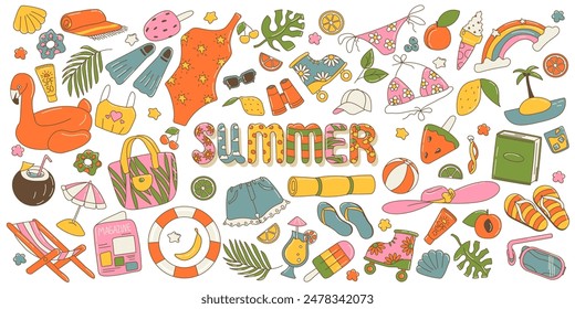 Big collection of summer illustrations. Clothes, fruits, drinks, ice creams, swimsuits, ball, book stickers. Cool groovy cartoon colorful hand draw clip arts with outline, isolated