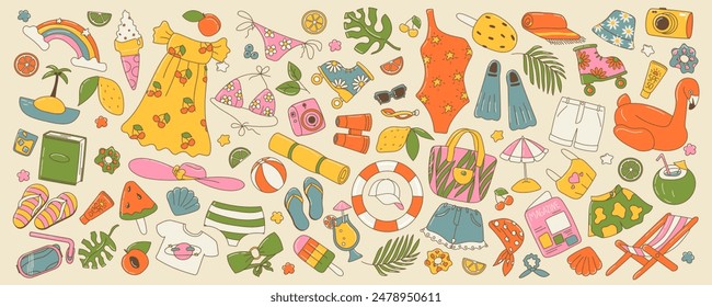 Big collection of summer illustrations. Clothes, fruits, drinks, ice creams, swimsuits, ball, book stickers. Cool groovy cartoon colorful hand draw clip arts with outline, isolated